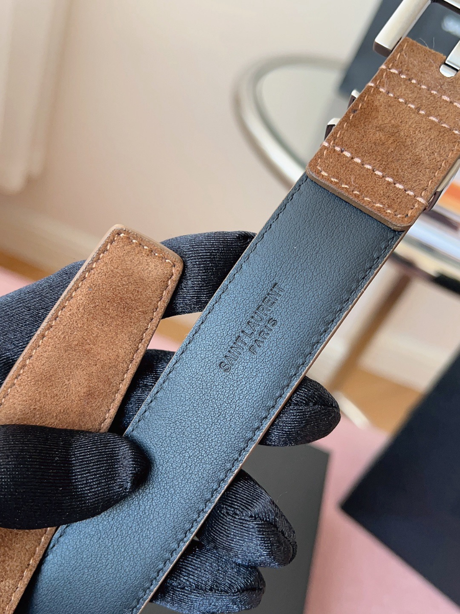 SAINT LAURENT Suede Monogram Leather Belt 생로랑 스웨이드 모노그램 가죽 벨트 3cm폭 브라운 실버버클 7