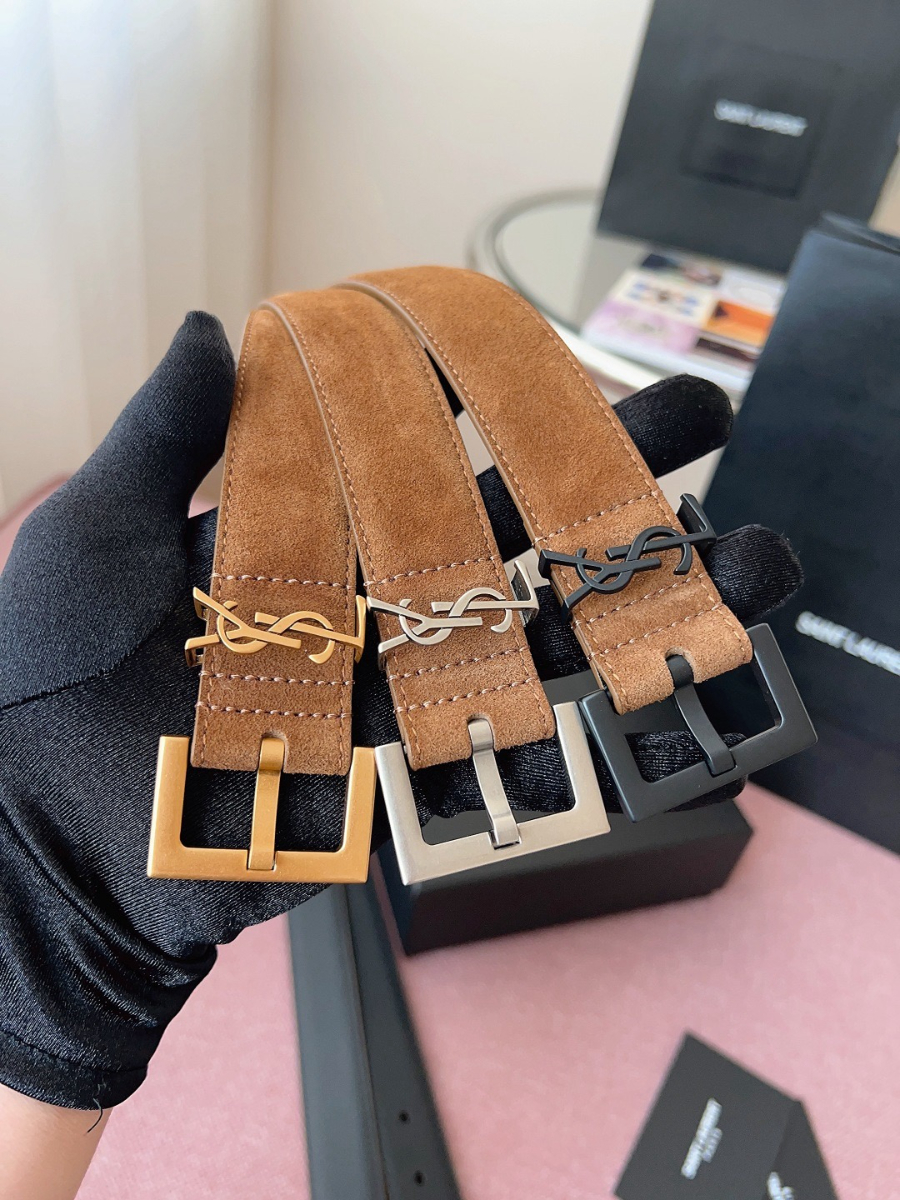 SAINT LAURENT Suede Monogram Leather Belt 생로랑 스웨이드 모노그램 가죽 벨트 3cm폭 브라운 실버버클 9