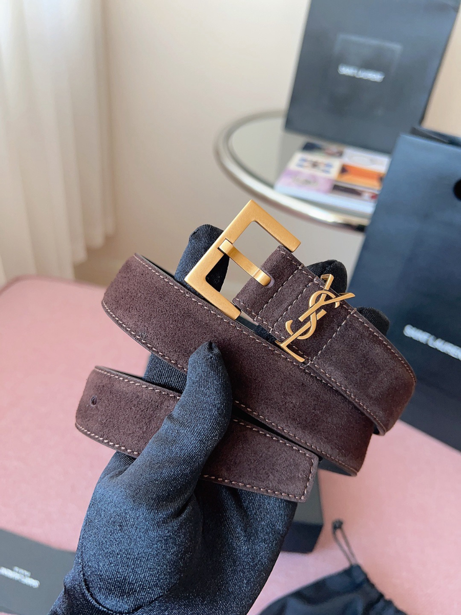 SAINT LAURENT Suede Monogram Leather Belt 생로랑 스웨이드 모노그램 가죽 벨트 3cm폭 버건디 골드버클 1