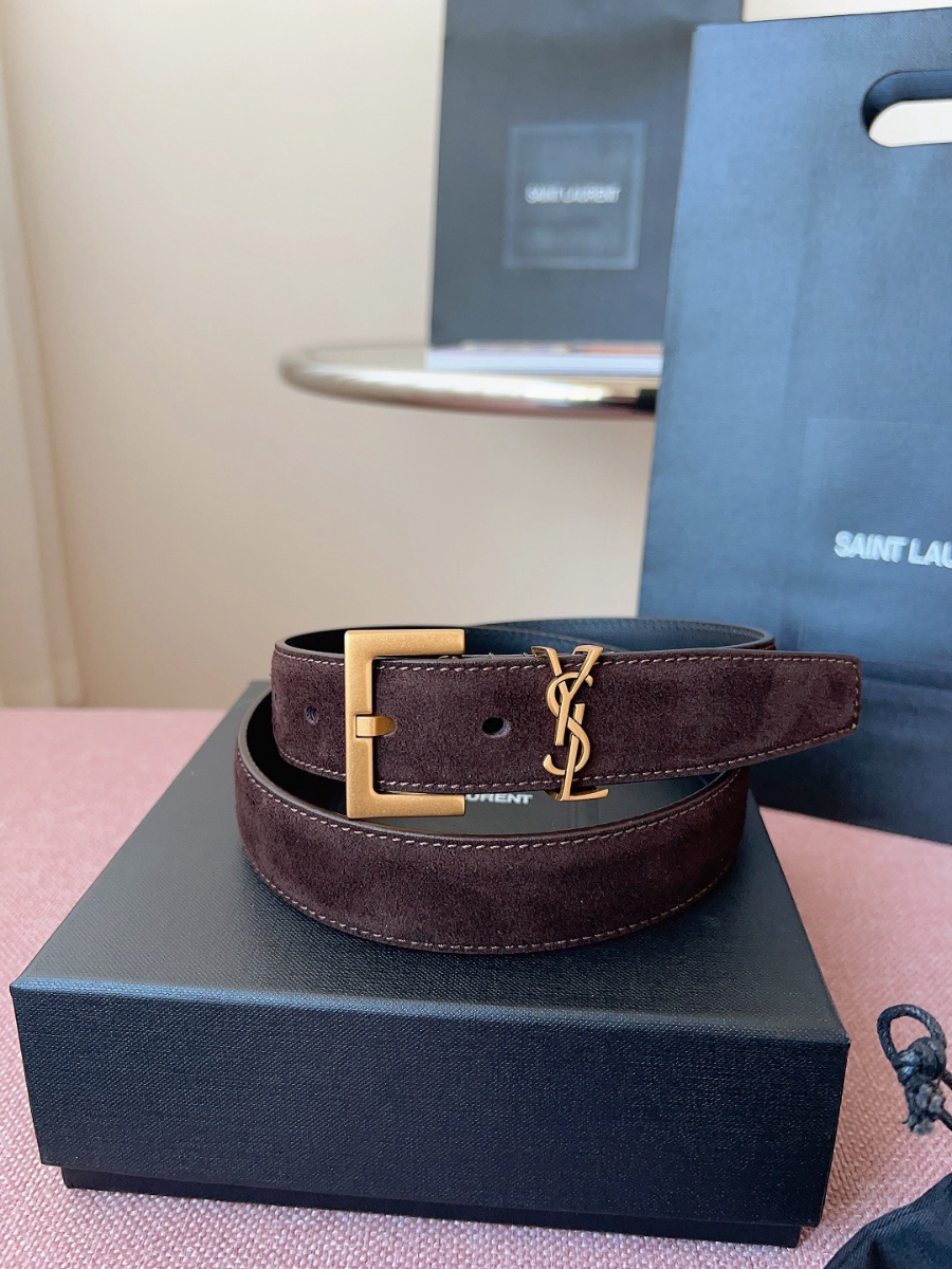 SAINT LAURENT Suede Monogram Leather Belt 생로랑 스웨이드 모노그램 가죽 벨트 3cm폭 버건디 골드버클 2