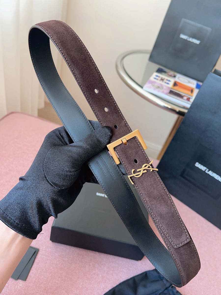SAINT LAURENT Suede Monogram Leather Belt 생로랑 스웨이드 모노그램 가죽 벨트 3cm폭 버건디 골드버클 3