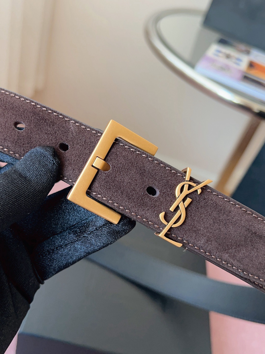 SAINT LAURENT Suede Monogram Leather Belt 생로랑 스웨이드 모노그램 가죽 벨트 3cm폭 버건디 골드버클 4