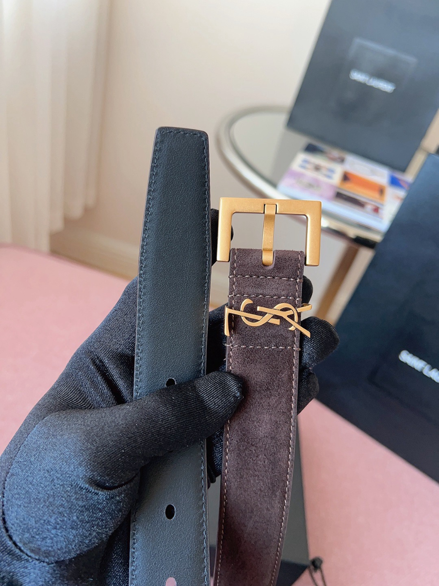 SAINT LAURENT Suede Monogram Leather Belt 생로랑 스웨이드 모노그램 가죽 벨트 3cm폭 버건디 골드버클 5