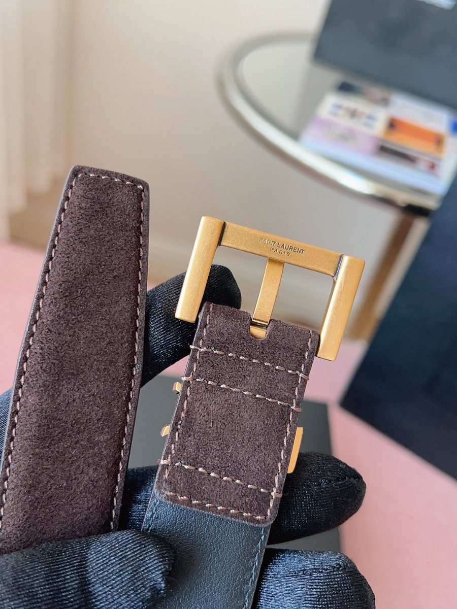 SAINT LAURENT Suede Monogram Leather Belt 생로랑 스웨이드 모노그램 가죽 벨트 3cm폭 버건디 골드버클 6