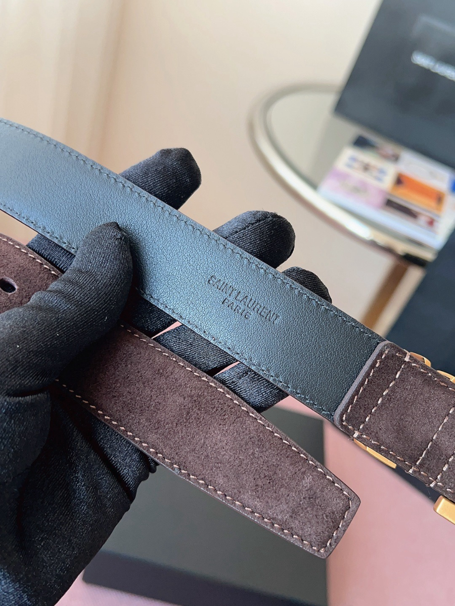 SAINT LAURENT Suede Monogram Leather Belt 생로랑 스웨이드 모노그램 가죽 벨트 3cm폭 버건디 골드버클 7