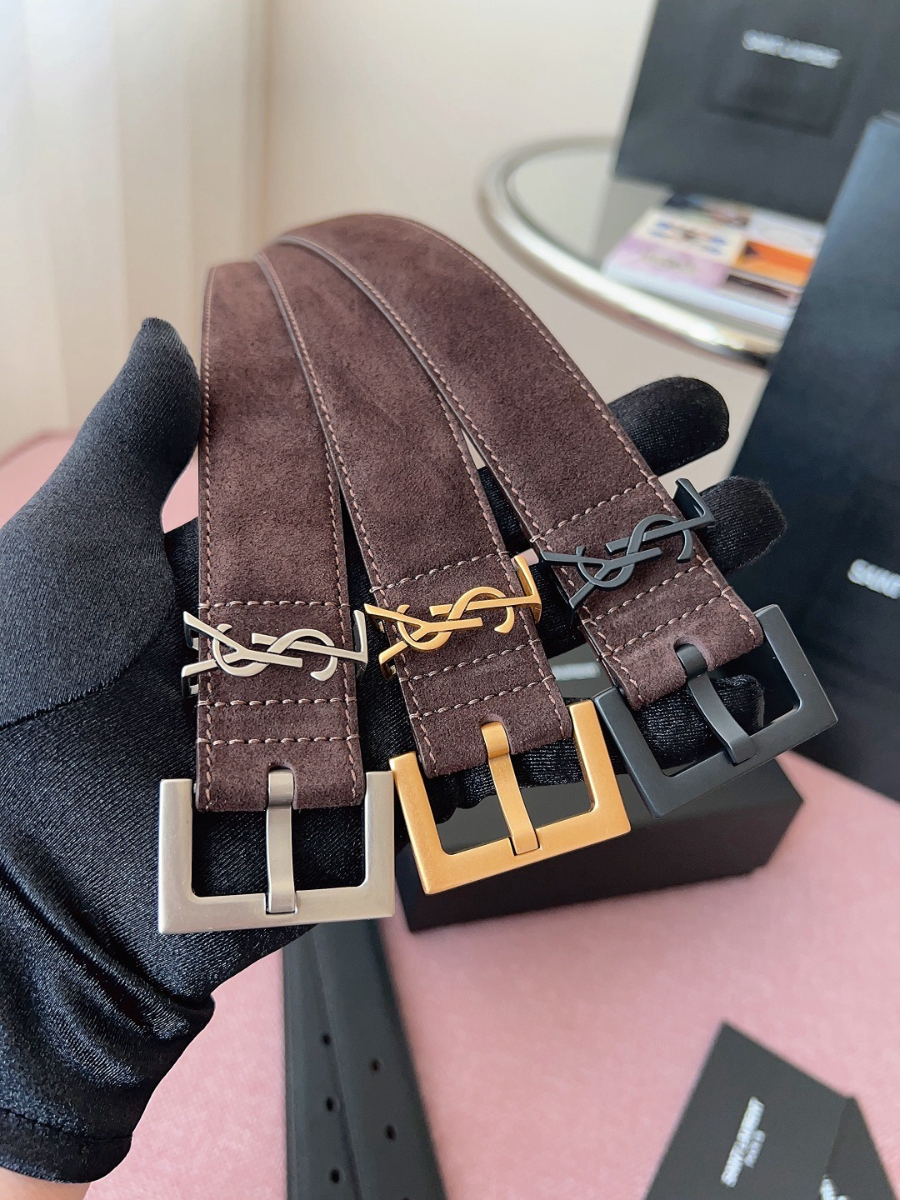 SAINT LAURENT Suede Monogram Leather Belt 생로랑 스웨이드 모노그램 가죽 벨트 3cm폭 버건디 골드버클 9