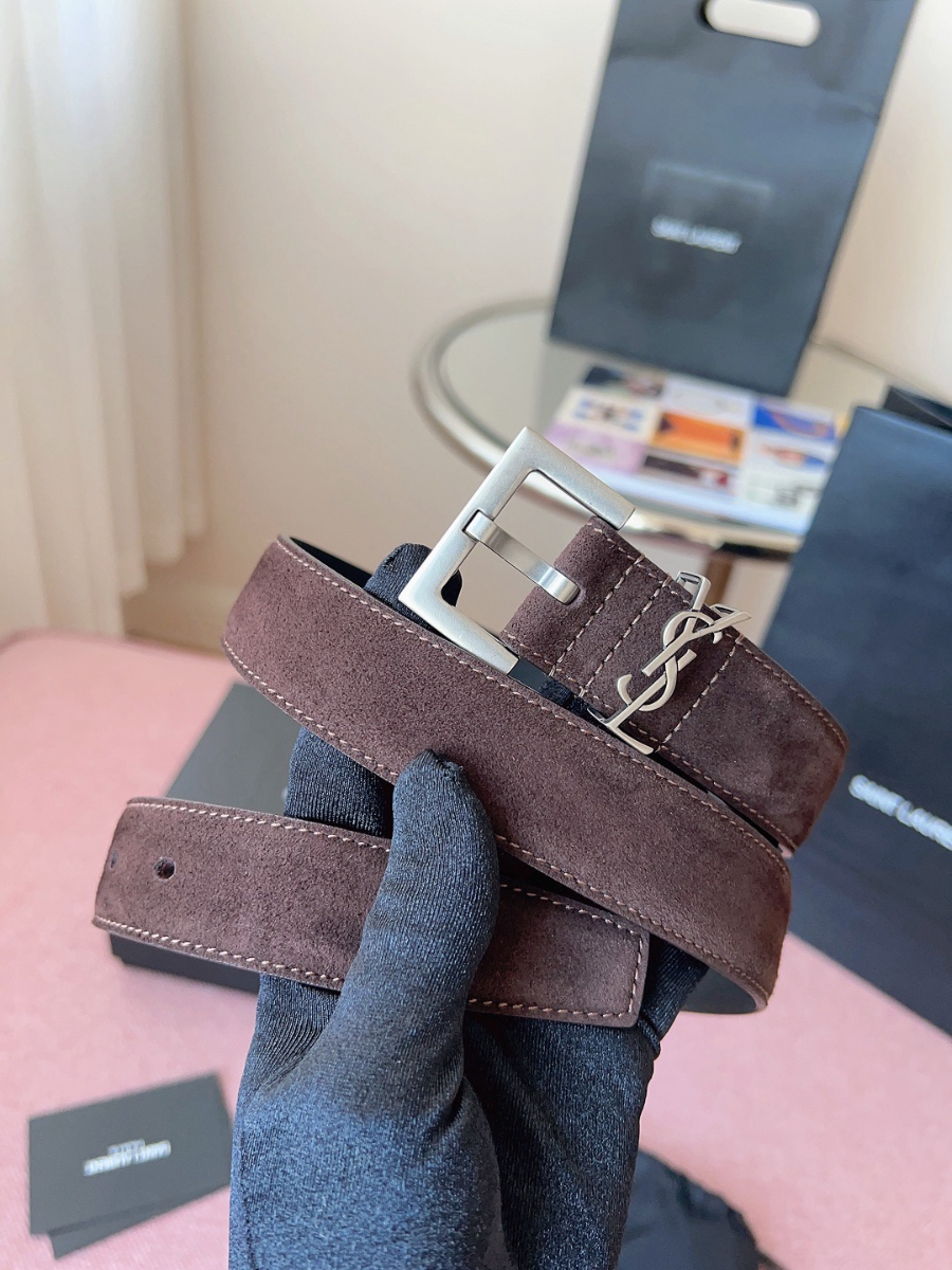 SAINT LAURENT Suede Monogram Leather Belt 생로랑 스웨이드 모노그램 가죽 벨트 3cm폭 버건디 실버버클 1