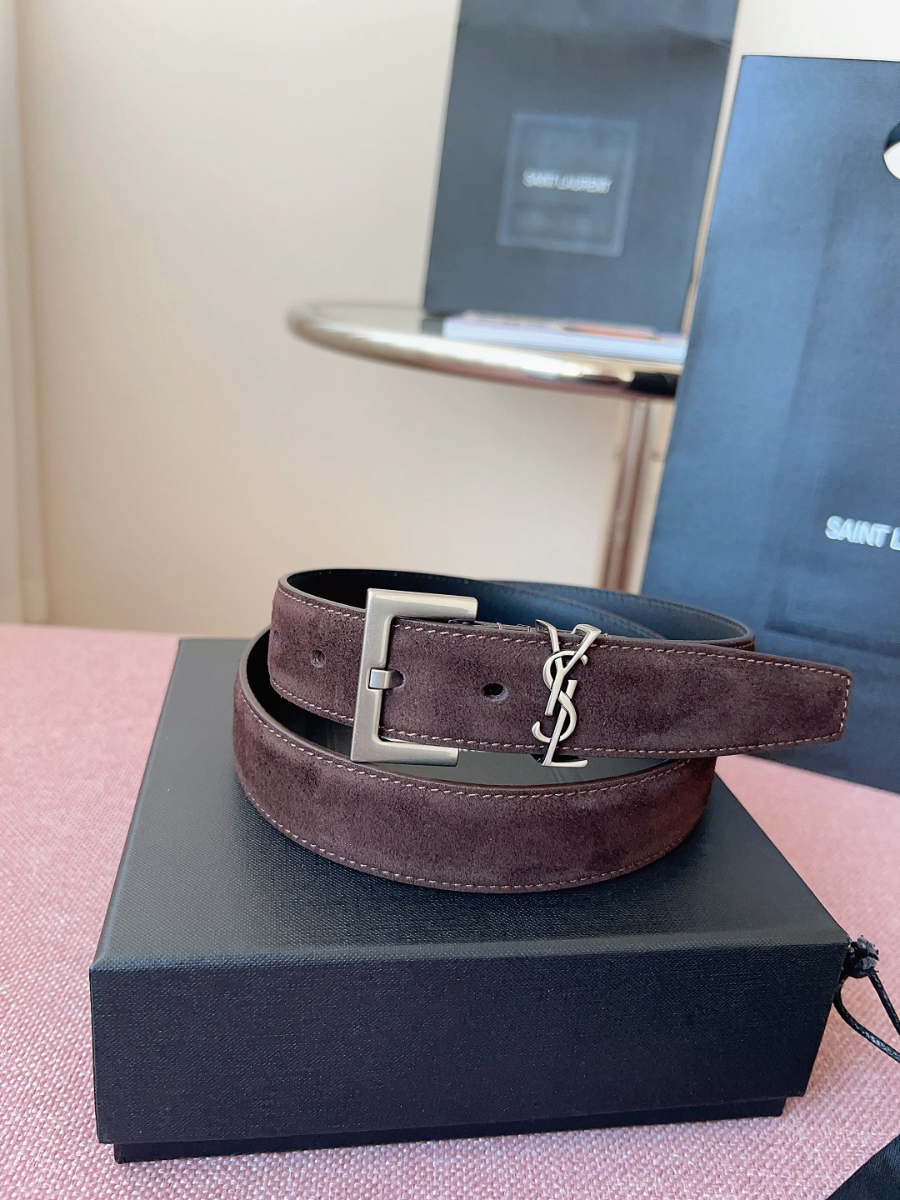 SAINT LAURENT Suede Monogram Leather Belt 생로랑 스웨이드 모노그램 가죽 벨트 3cm폭 버건디 실버버클 2
