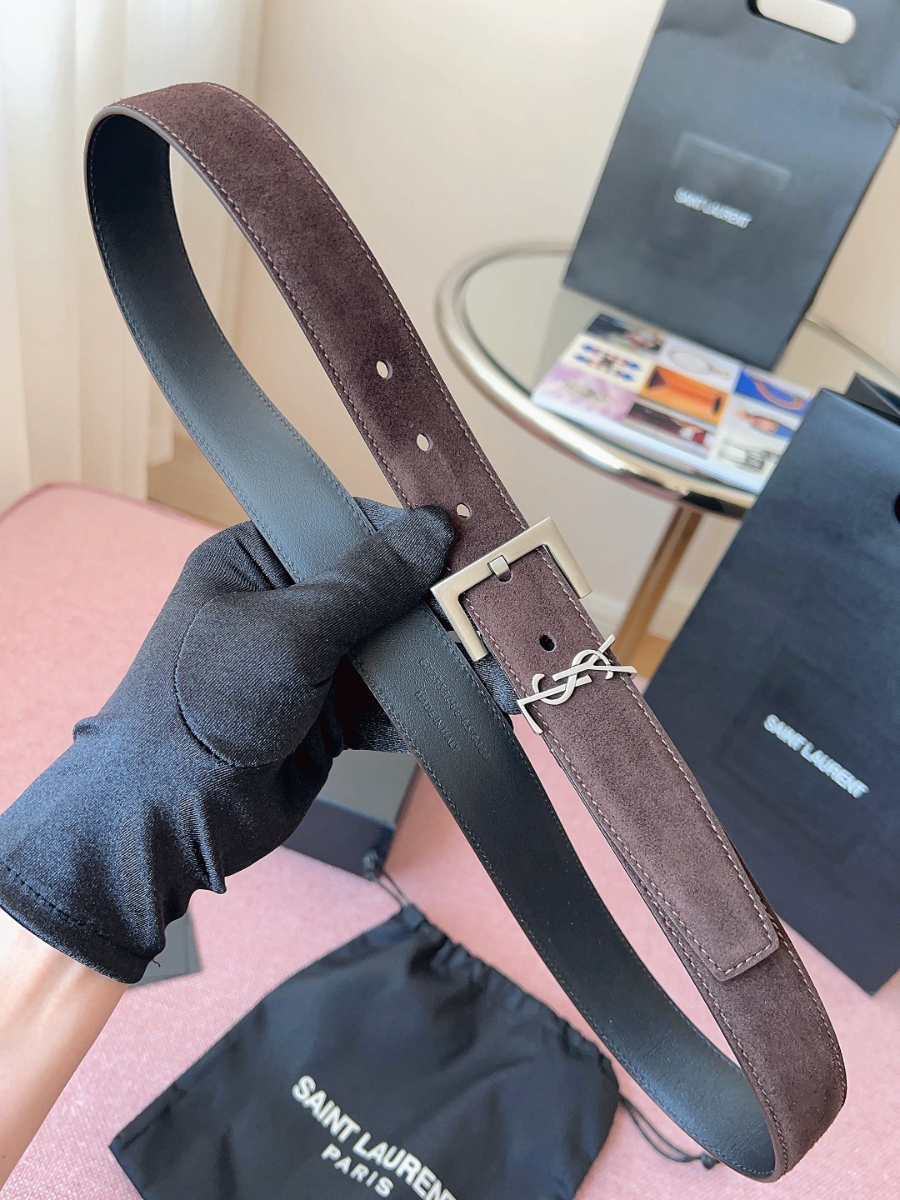 SAINT LAURENT Suede Monogram Leather Belt 생로랑 스웨이드 모노그램 가죽 벨트 3cm폭 버건디 실버버클 3