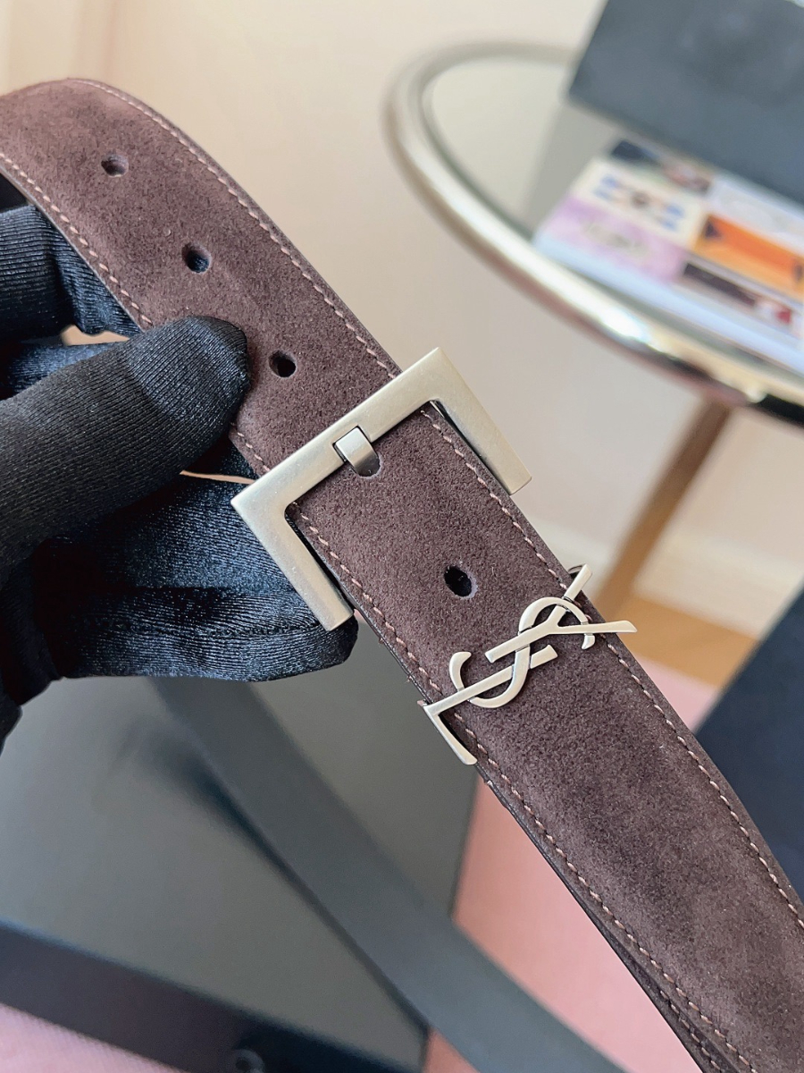 SAINT LAURENT Suede Monogram Leather Belt 생로랑 스웨이드 모노그램 가죽 벨트 3cm폭 버건디 실버버클 4