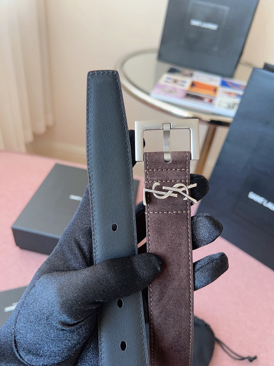 SAINT LAURENT Suede Monogram Leather Belt 생로랑 스웨이드 모노그램 가죽 벨트 3cm폭 버건디 실버버클 5