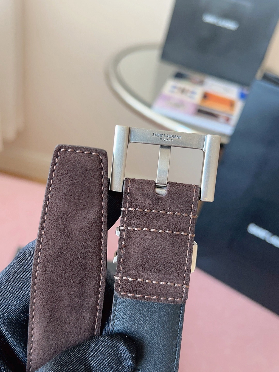 SAINT LAURENT Suede Monogram Leather Belt 생로랑 스웨이드 모노그램 가죽 벨트 3cm폭 버건디 실버버클 6