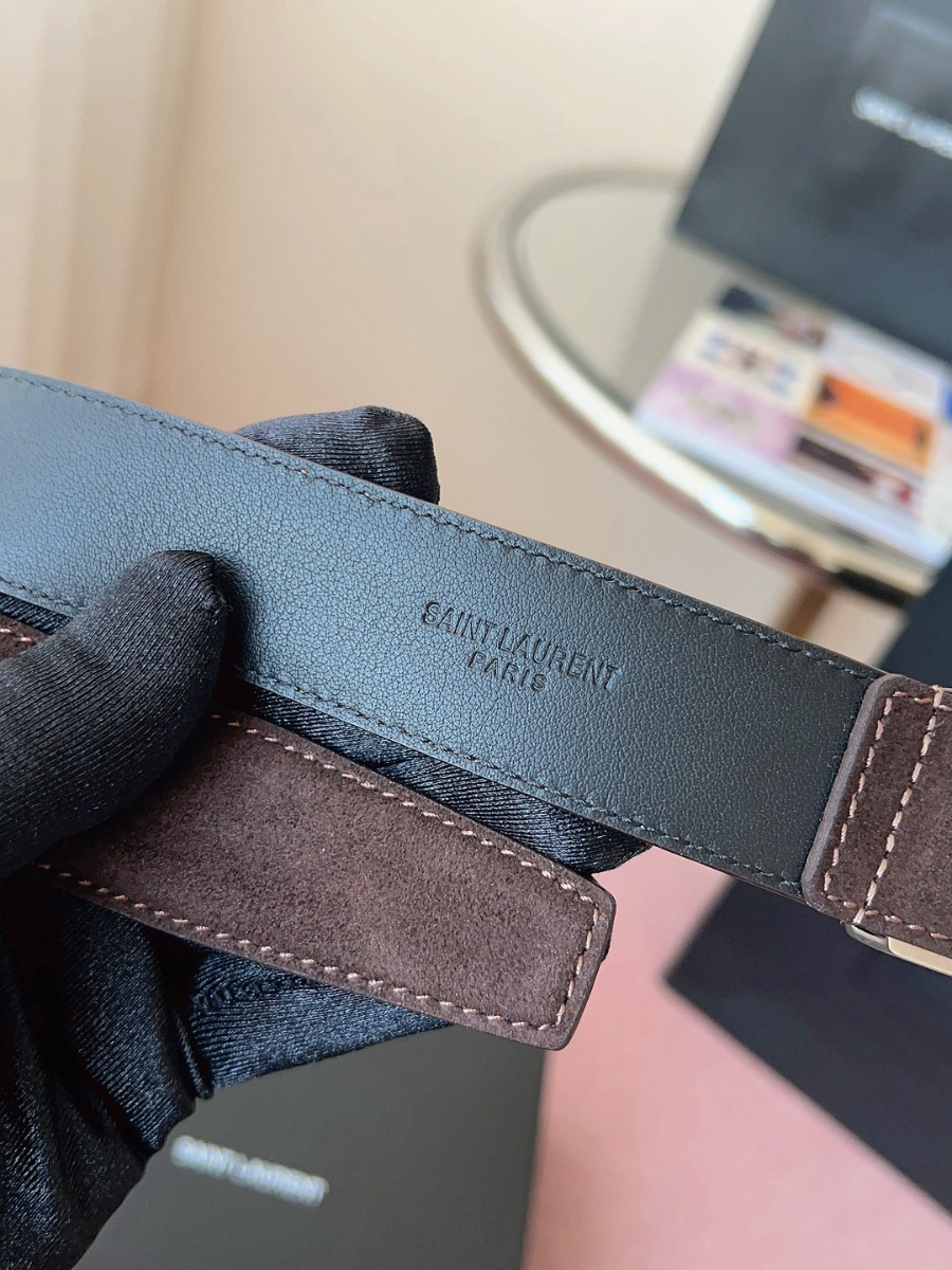 SAINT LAURENT Suede Monogram Leather Belt 생로랑 스웨이드 모노그램 가죽 벨트 3cm폭 버건디 실버버클 7