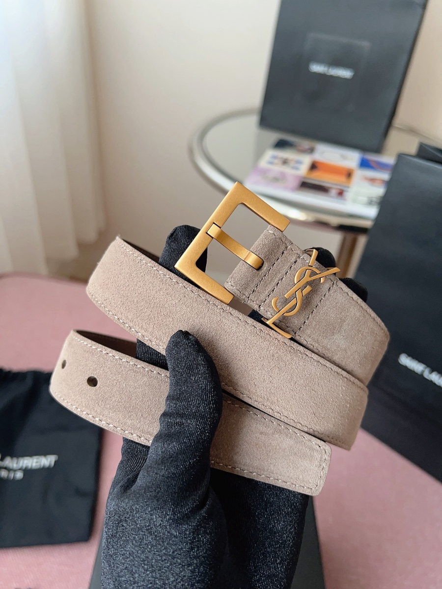SAINT LAURENT Suede Monogram Leather Belt 생로랑 스웨이드 모노그램 가죽 벨트 3cm폭 그레이 골드버클 1