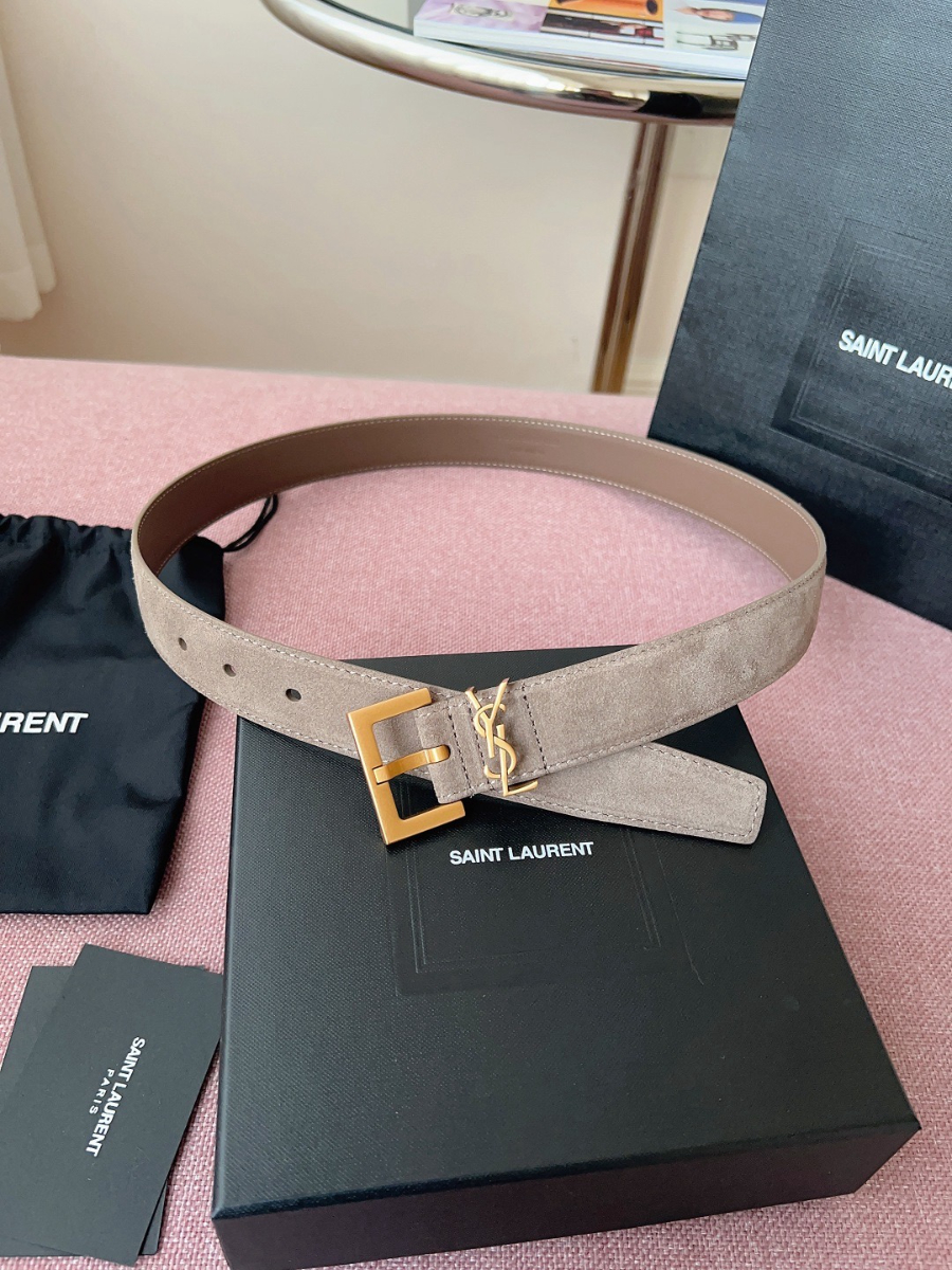 SAINT LAURENT Suede Monogram Leather Belt 생로랑 스웨이드 모노그램 가죽 벨트 3cm폭 L브라운 골드버클 2