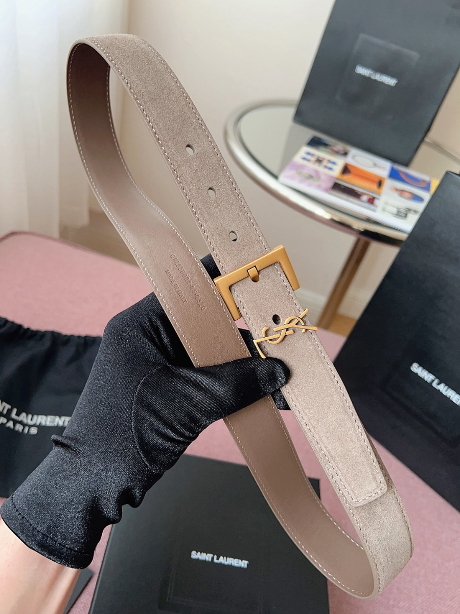 SAINT LAURENT Suede Monogram Leather Belt 생로랑 스웨이드 모노그램 가죽 벨트 3cm폭 핑크 골드버클 3