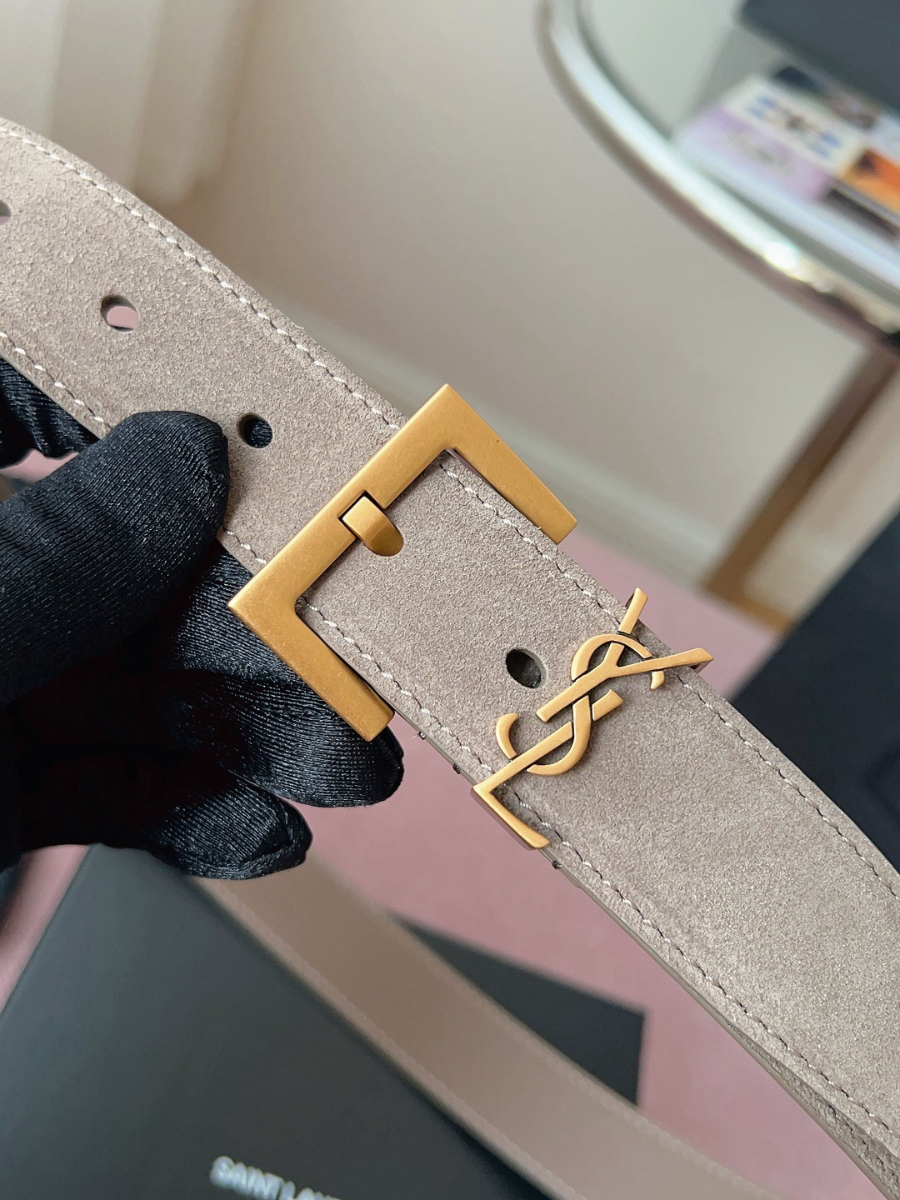 SAINT LAURENT Suede Monogram Leather Belt 생로랑 스웨이드 모노그램 가죽 벨트 3cm폭 핑크 골드버클 4