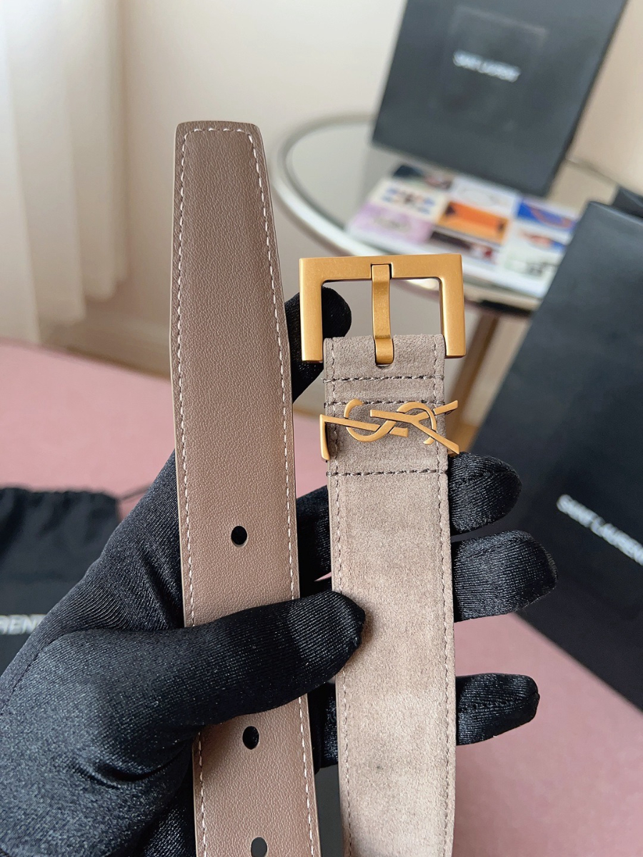 SAINT LAURENT Suede Monogram Leather Belt 생로랑 스웨이드 모노그램 가죽 벨트 3cm폭 그레이 골드버클 5