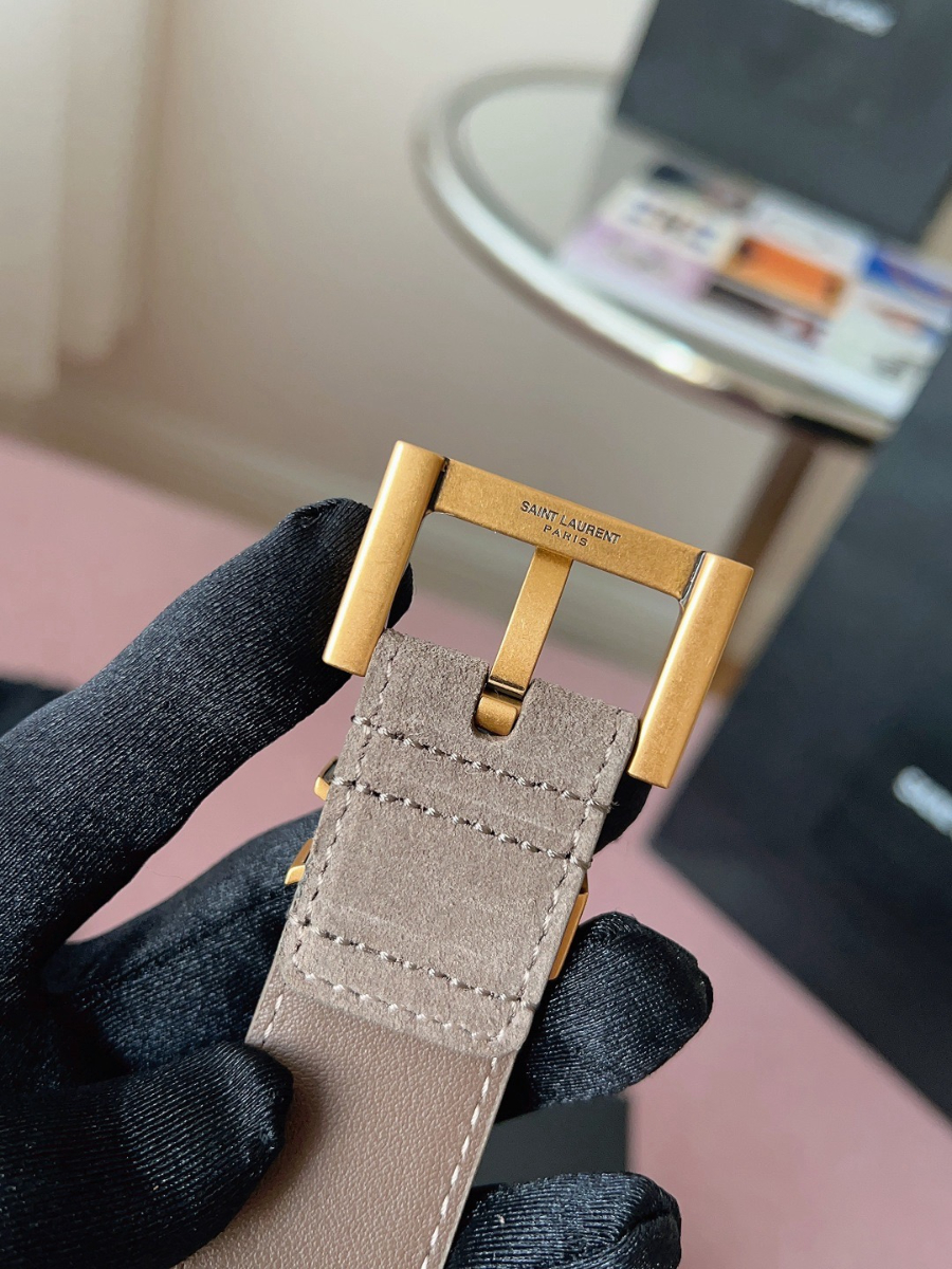 SAINT LAURENT Suede Monogram Leather Belt 생로랑 스웨이드 모노그램 가죽 벨트 3cm폭 그레이 골드버클 6