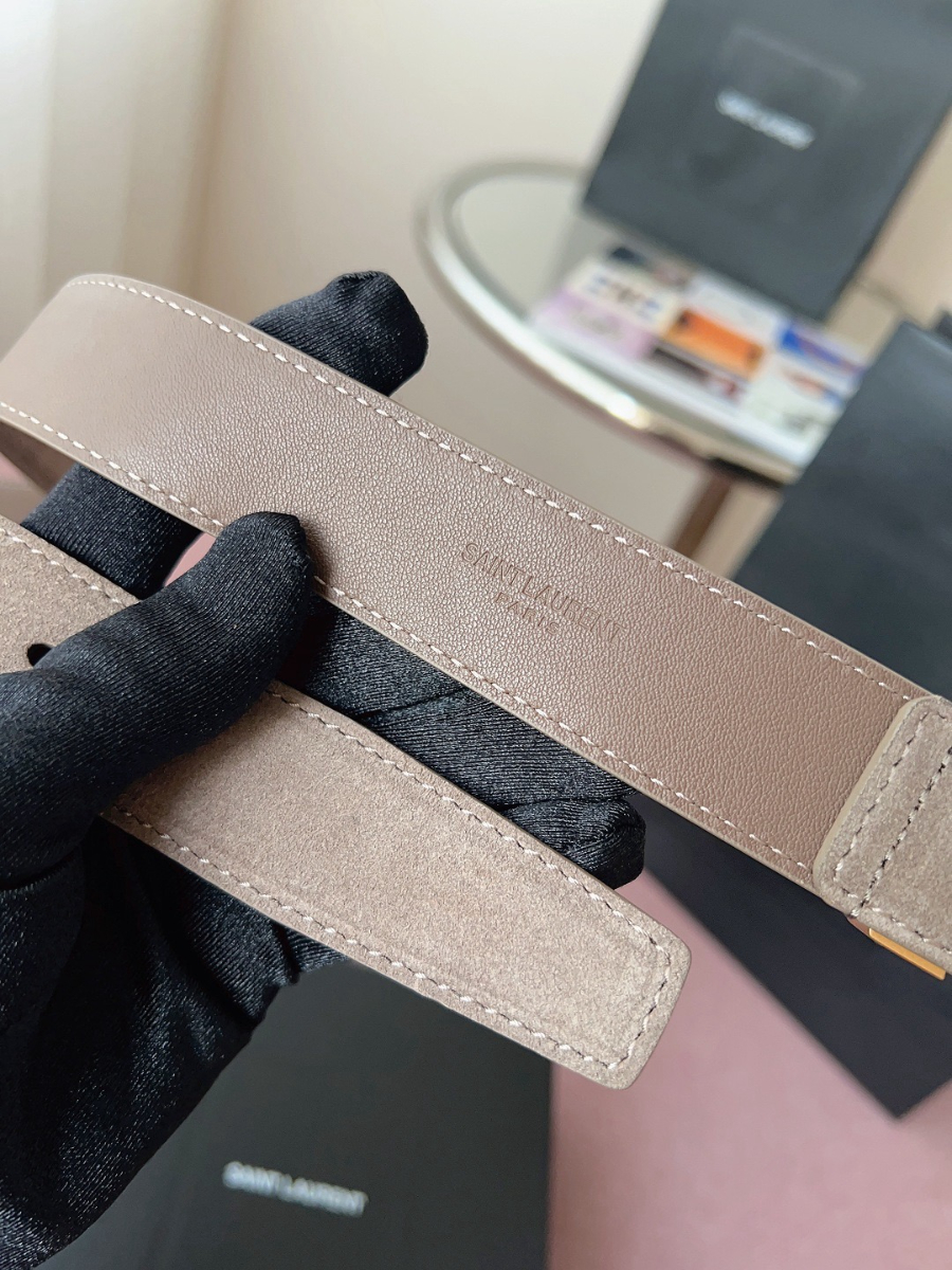 SAINT LAURENT Suede Monogram Leather Belt 생로랑 스웨이드 모노그램 가죽 벨트 3cm폭 핑크 골드버클 7