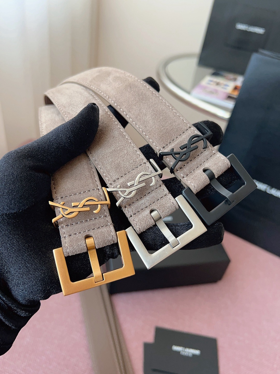 SAINT LAURENT Suede Monogram Leather Belt 생로랑 스웨이드 모노그램 가죽 벨트 3cm폭 그레이 골드버클 9