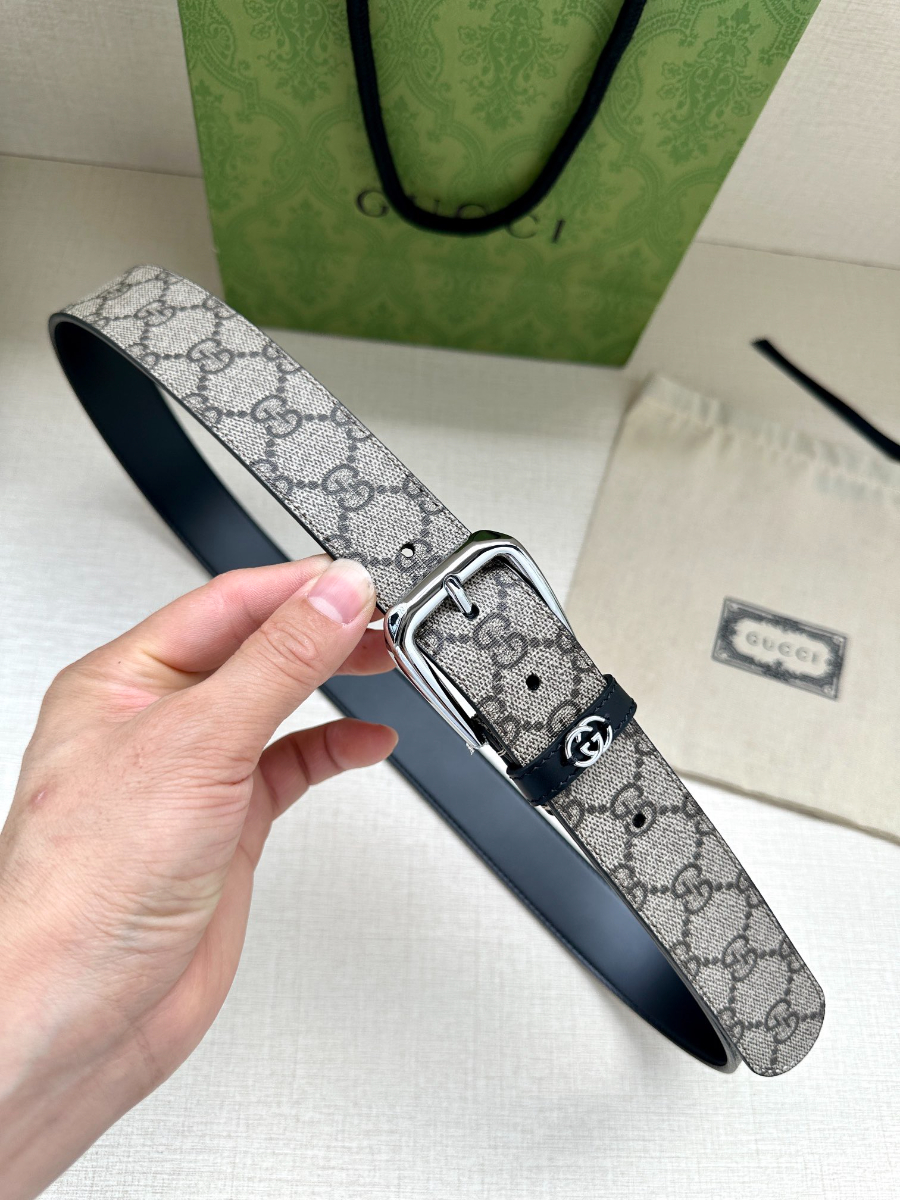 GUCCI GG Supreme Canvas Belt Brown Trim 구찌 GG 슈프림 캔버스 벨트 실버 1