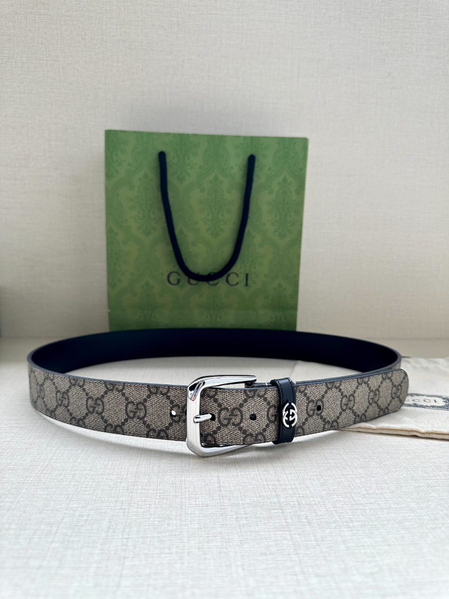 GUCCI GG Supreme Canvas Belt Brown Trim 구찌 GG 슈프림 캔버스 벨트 실버 3
