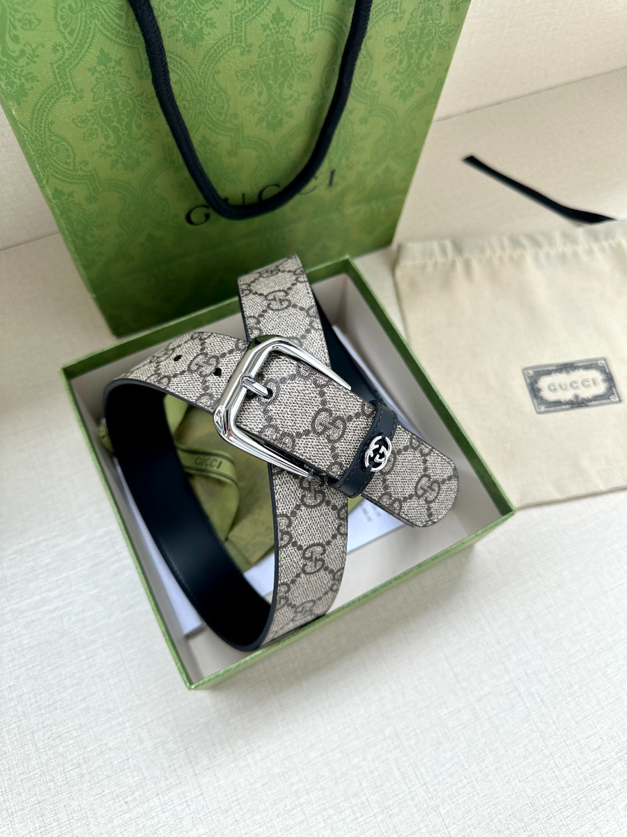 GUCCI GG Supreme Canvas Belt Brown Trim 구찌 GG 슈프림 캔버스 벨트 실버 5