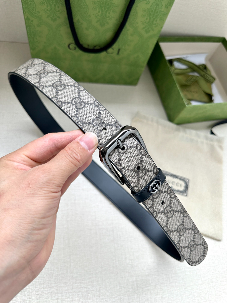 GUCCI GG Supreme Canvas Belt Brown Trim 구찌 GG 슈프림 캔버스 벨트 메탈그레이 1