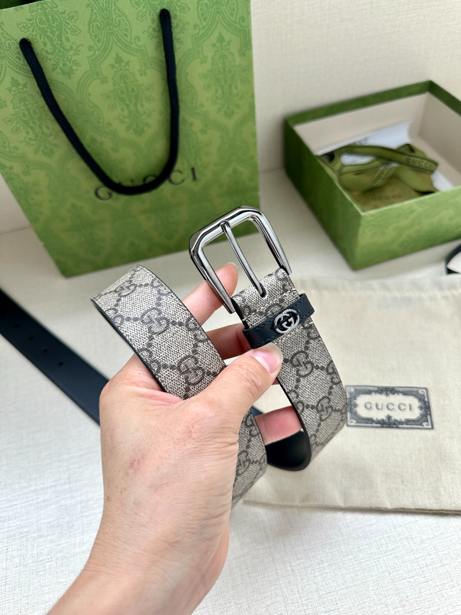 GUCCI GG Supreme Canvas Belt Brown Trim 구찌 GG 슈프림 캔버스 벨트 메탈그레이 4