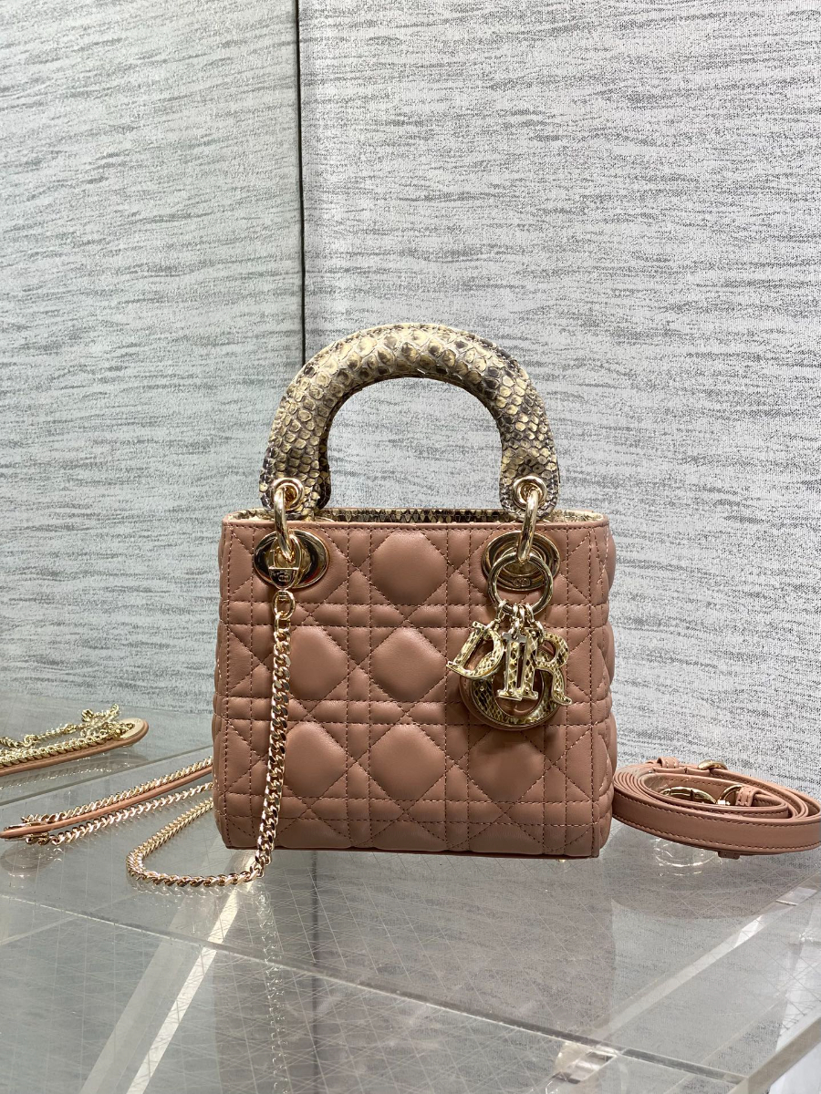 Lady Dior 레이디 디올 미니 퀼팅 램스킨 파이톤 핸들 참 장식 백 17cm 브라운 1