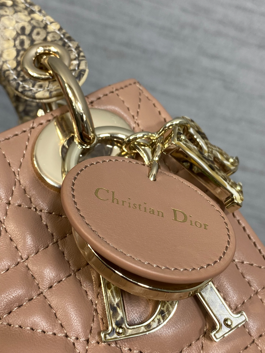 Lady Dior 레이디 디올 미니 퀼팅 램스킨 파이톤 핸들 참 장식 백 17cm 브라운 3