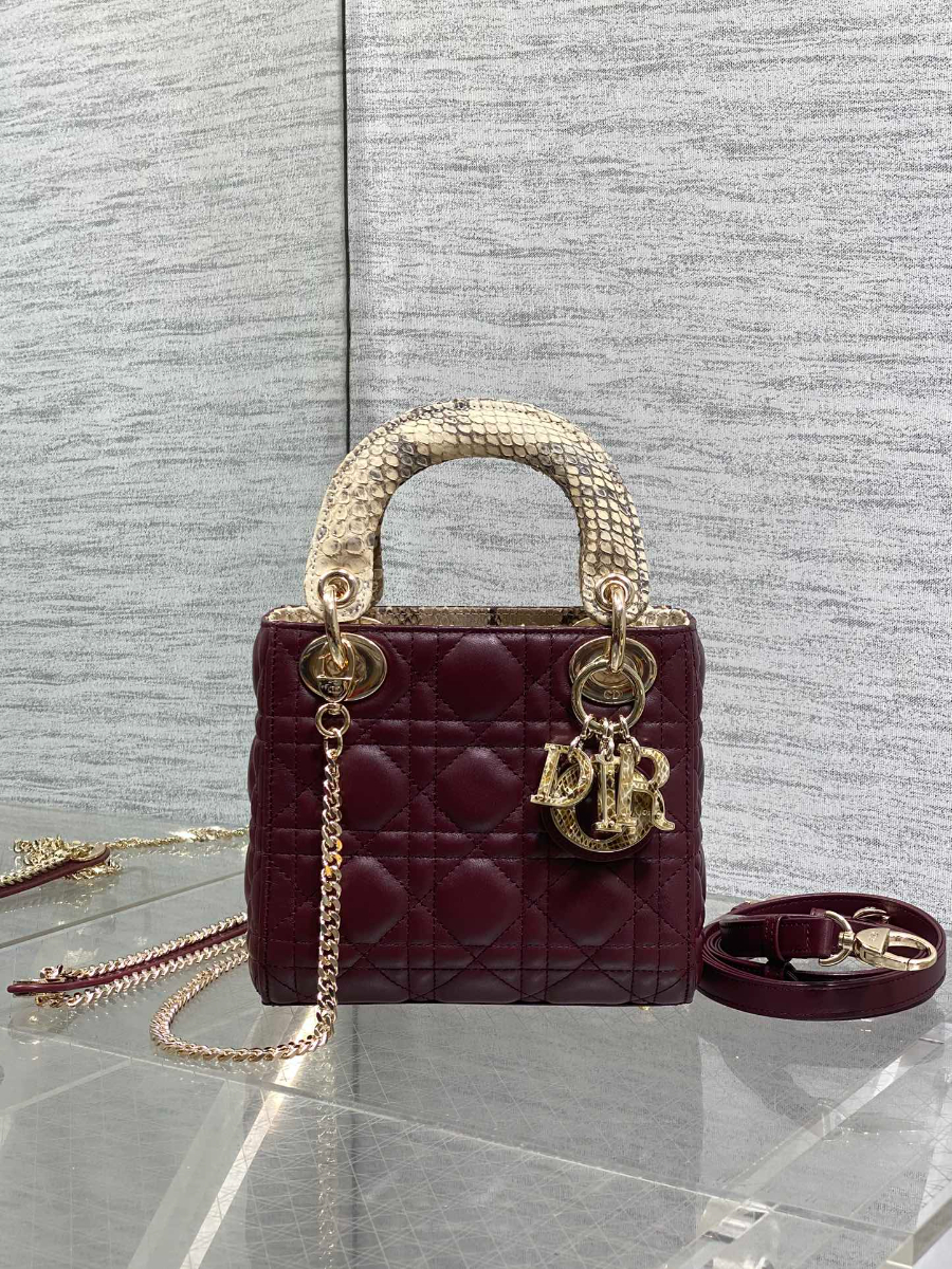Lady Dior 레이디 디올 미니 퀼팅 램스킨 파이톤 핸들 참 장식 백 17cm 버건디 1