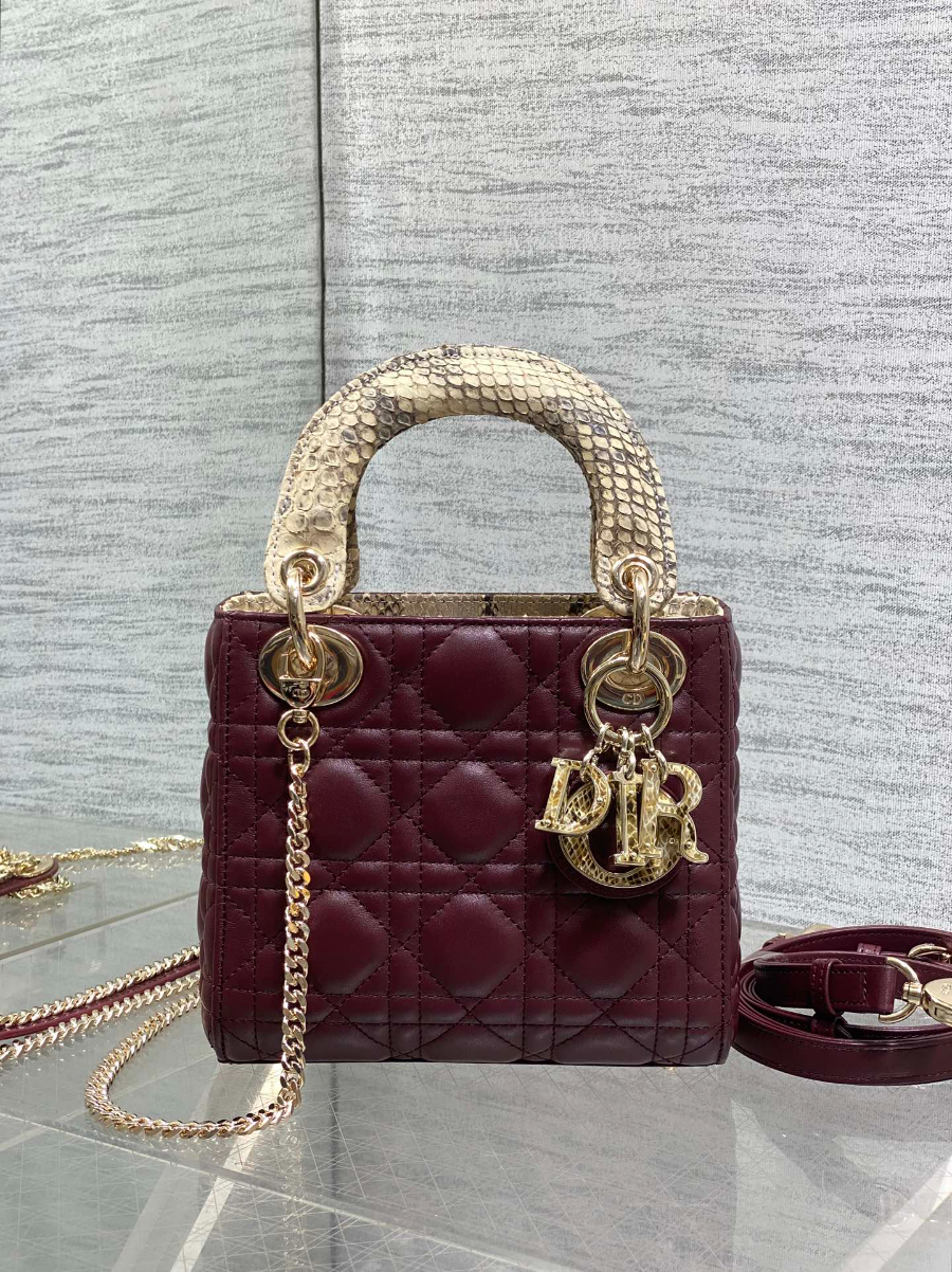 Lady Dior 레이디 디올 미니 퀼팅 램스킨 파이톤 핸들 참 장식 백 17cm 버건디 2