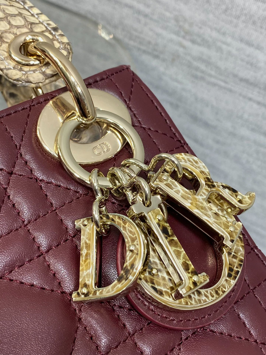 Lady Dior 레이디 디올 미니 퀼팅 램스킨 파이톤 핸들 참 장식 백 17cm 버건디 3
