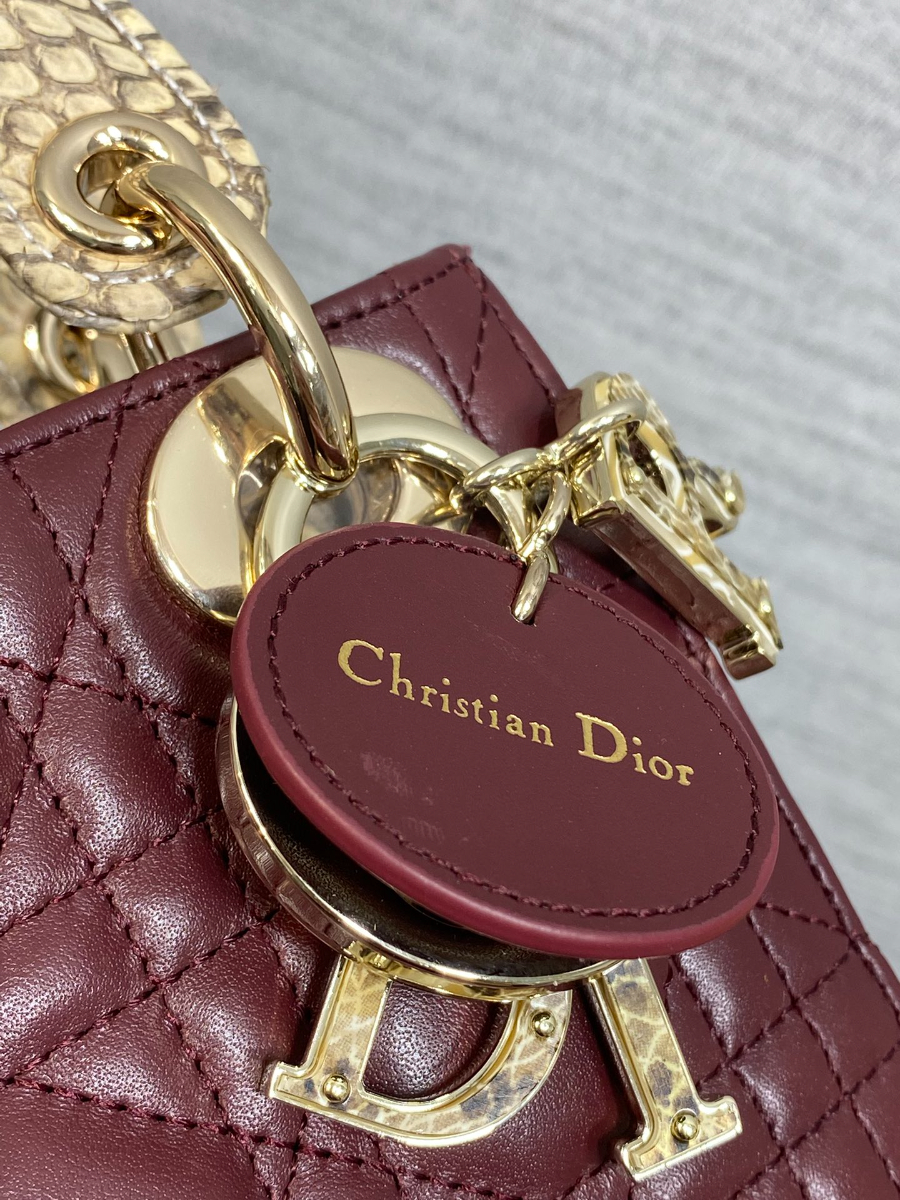 Lady Dior 레이디 디올 미니 퀼팅 램스킨 파이톤 핸들 참 장식 백 17cm 버건디 4