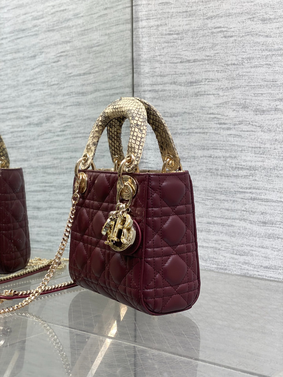 Lady Dior 레이디 디올 미니 퀼팅 램스킨 파이톤 핸들 참 장식 백 17cm 버건디 6