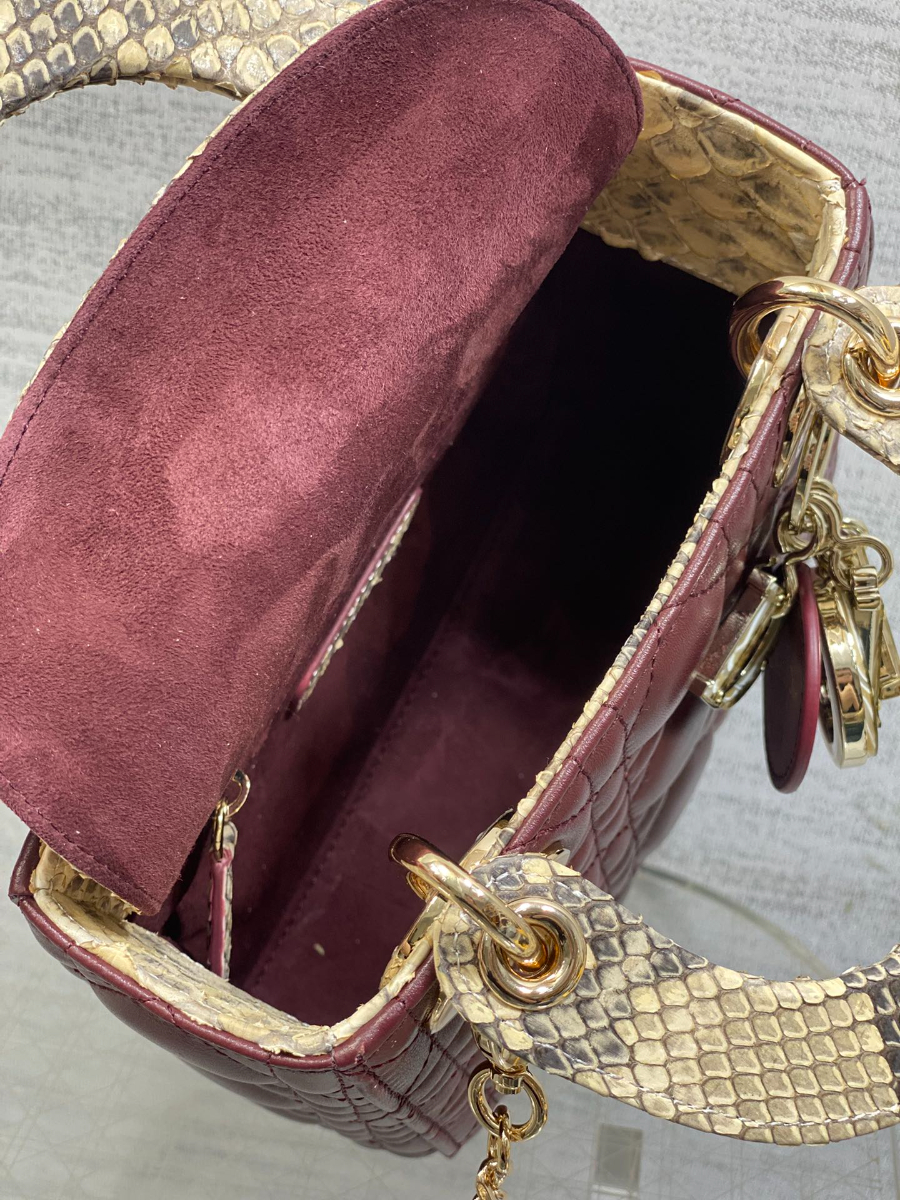 Lady Dior 레이디 디올 미니 퀼팅 램스킨 파이톤 핸들 참 장식 백 17cm 버건디 8