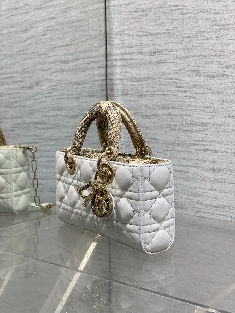 Dior 디올 Lady Dior 스몰 파이톤 패턴 램스킨 토트백 디조이백 화이트 골드 하드웨어 22cm  6