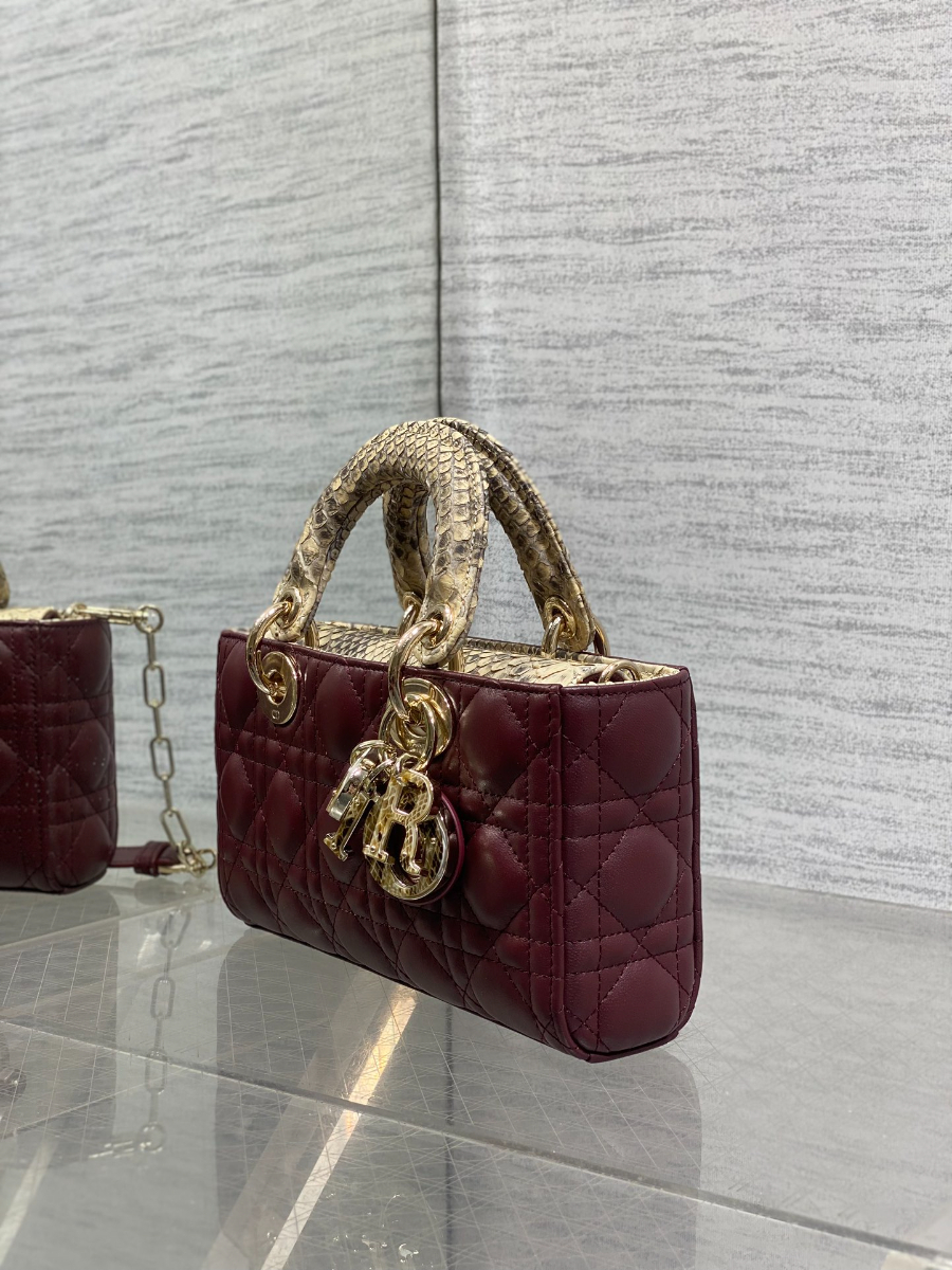 Dior 디올 Lady Dior 스몰 파이톤 패턴 램스킨 토트백 디조이백 버건디 골드 하드웨어 22cm  6