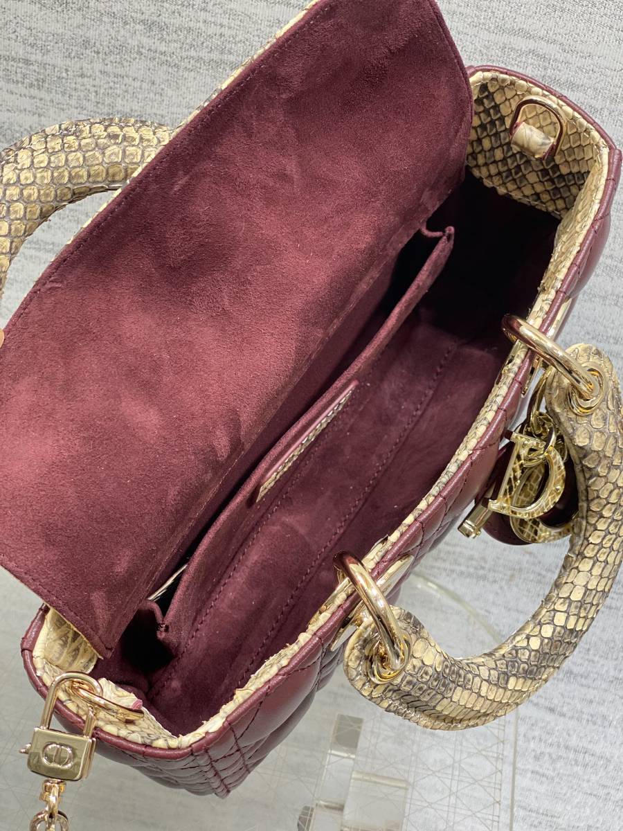 Dior 디올 Lady Dior 스몰 파이톤 패턴 램스킨 토트백 디조이백 버건디 골드 하드웨어 22cm  8