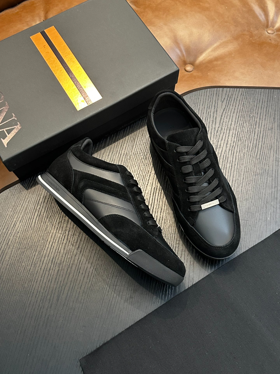 ZEGNA 블랙 레더 믹스 스니커즈 1