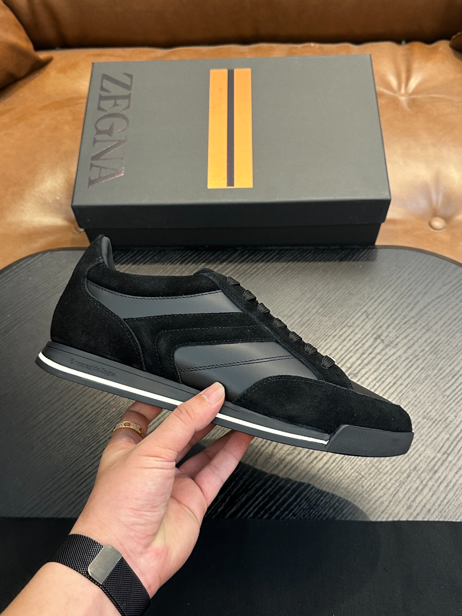 ZEGNA 블랙 레더 믹스 스니커즈 2