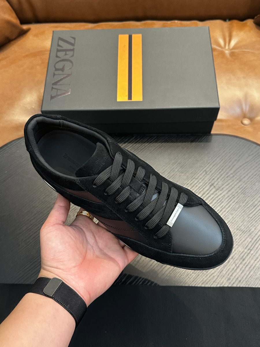 ZEGNA 블랙 레더 믹스 스니커즈 3