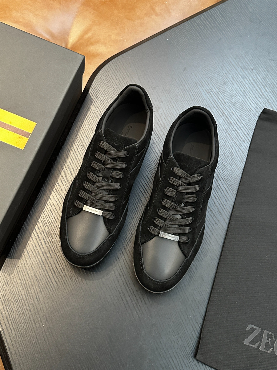 ZEGNA 블랙 레더 믹스 스니커즈 4