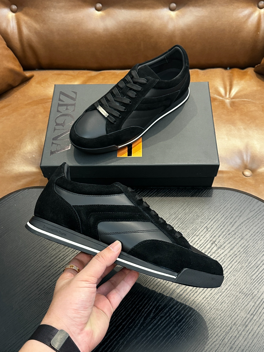 ZEGNA 블랙 레더 믹스 스니커즈 5