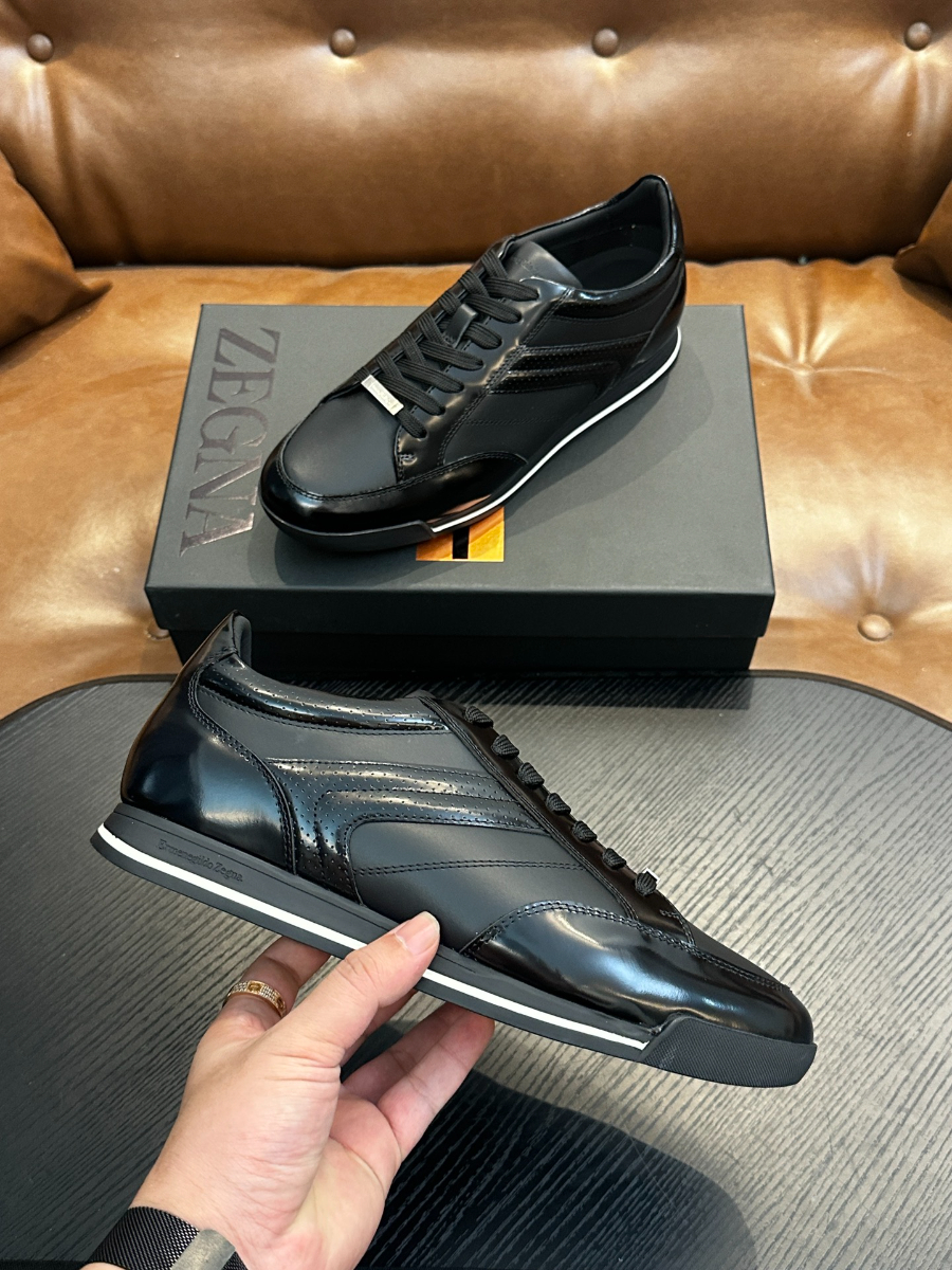 Ermenegildo Zegna 블랙 레더 로우탑 스니커즈 5