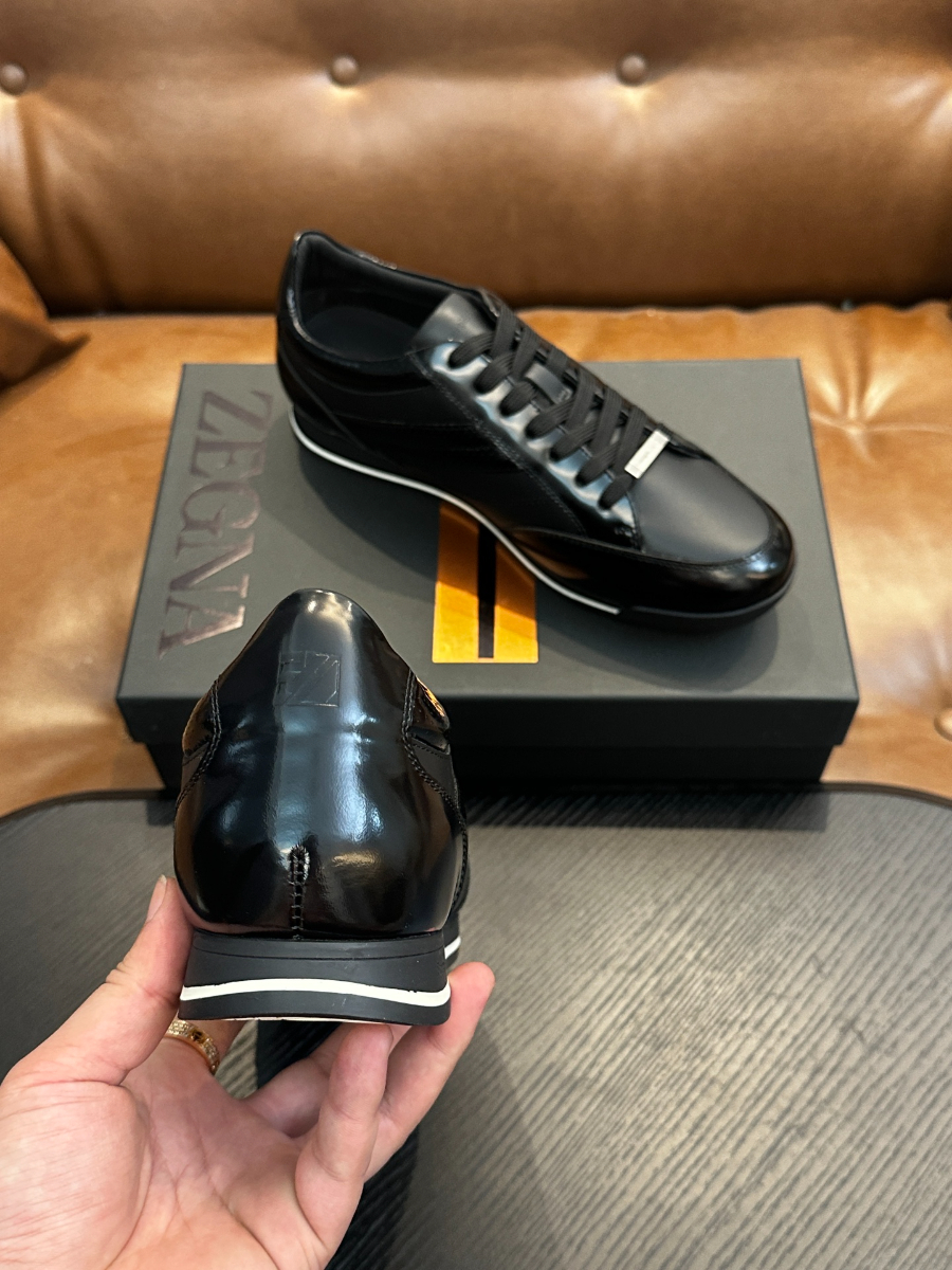 Ermenegildo Zegna 블랙 레더 로우탑 스니커즈 8