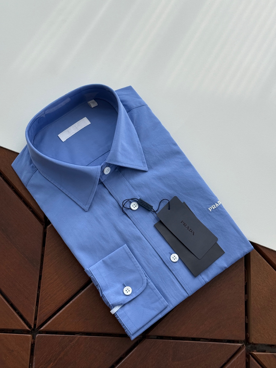 PRADA Textured Cotton Long Sleeve Shirt 프라다 텍스처드 코튼 긴팔 셔츠 블루 2