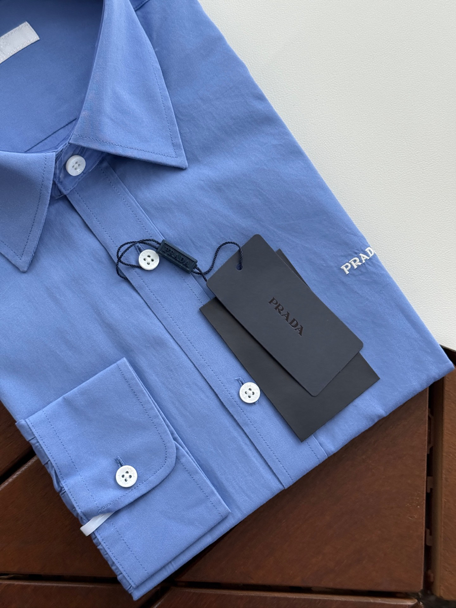 PRADA Textured Cotton Long Sleeve Shirt 프라다 텍스처드 코튼 긴팔 셔츠 블루 4